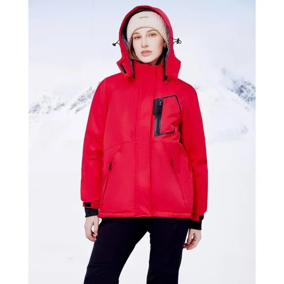 Women's Red Waterproof Ski Jacket Warm Winter Coats Windproof with Hood